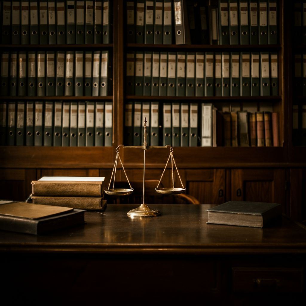 Biblioteca dello studio con bilancia della giustizia in ottone su una scrivania in legno